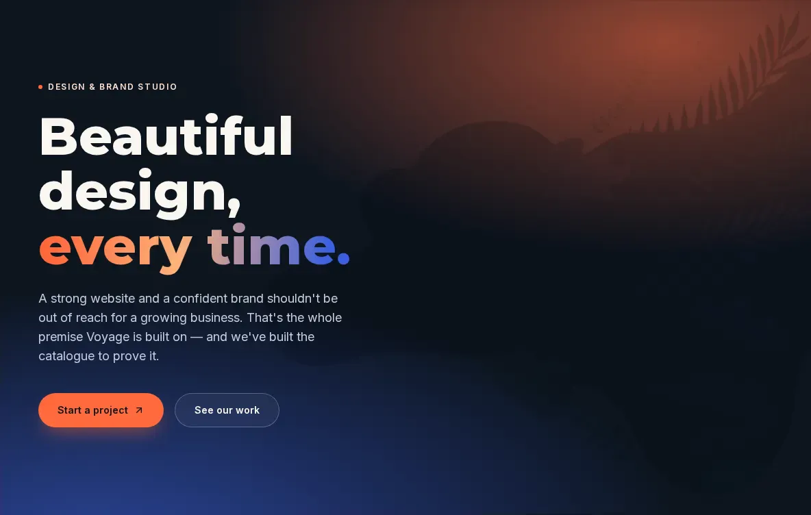 voyage.design's hero until now: a headline, a paragraph and two buttons over a dim stock photo